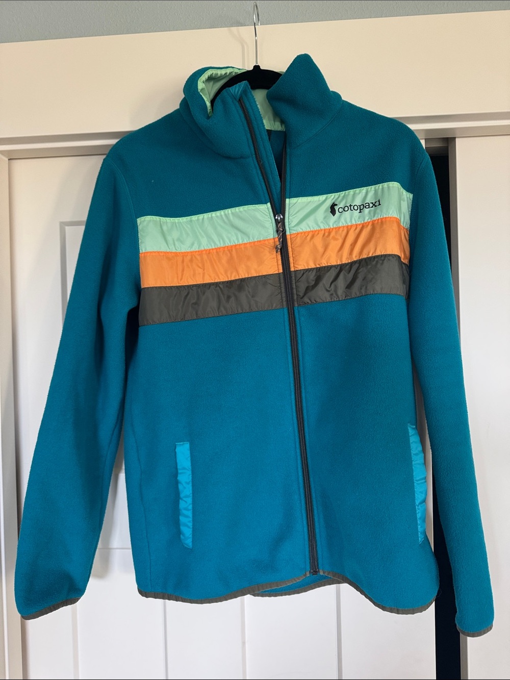 cotopaxi Teal Fleece Jacket with Mint, Orange & Charcoal Stripes